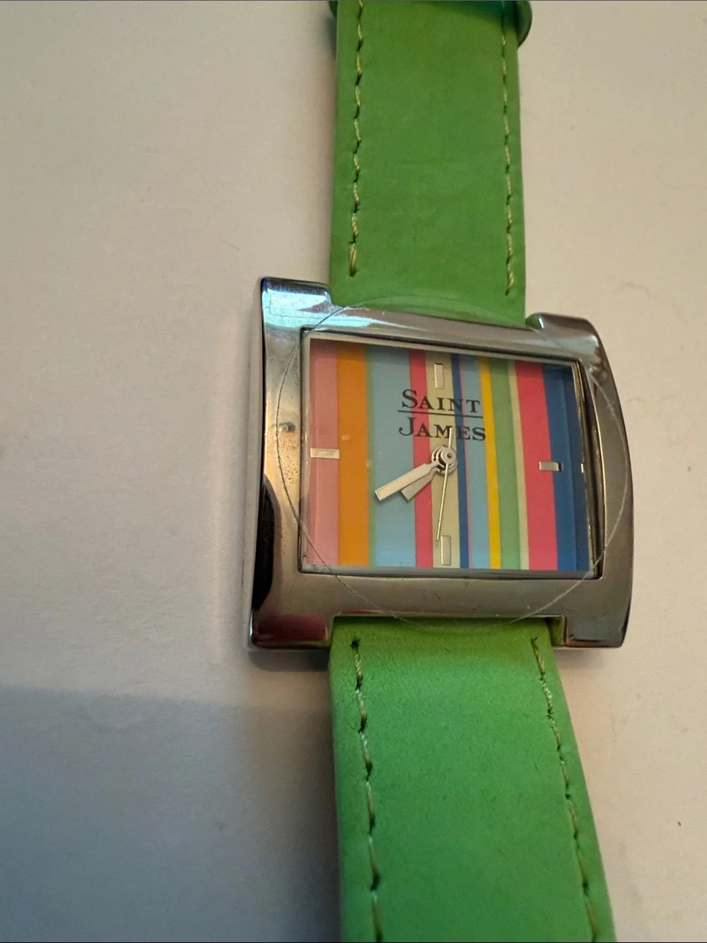 Vintage Saint James Green Leather Strap Square Dial Watch with Multicolor Face